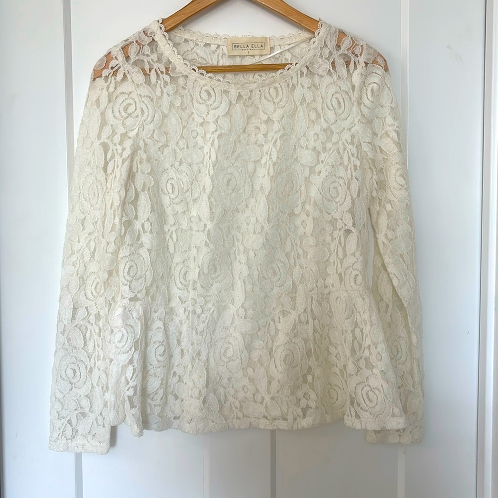 Bella ella crochet Cream Peplum Blouse with Long Sleeves